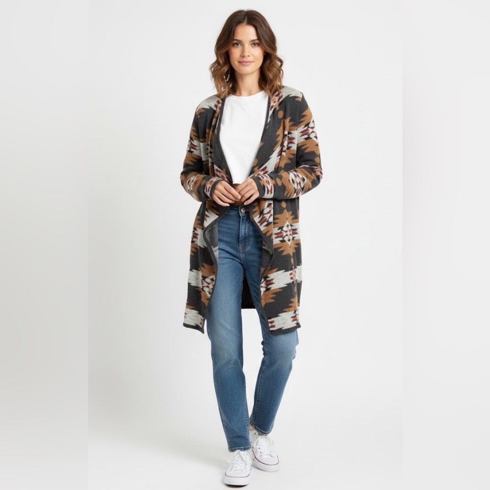 Lucky Brand Aztec Tribal Open Drape Cardigan Wrap Gray Maroon Tan White Size XL